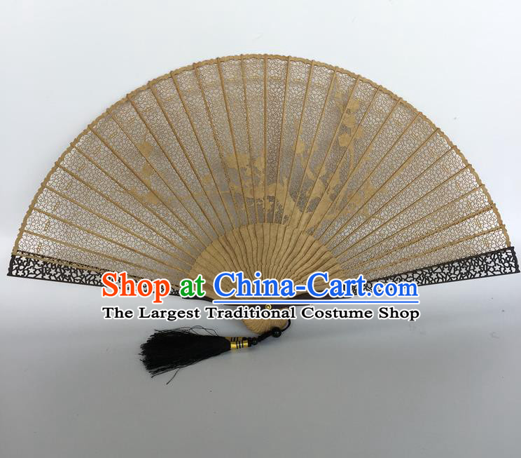 Folding Sandalwood Fan Chinese Oriental Hollow Carved Handmade Plum Blossom