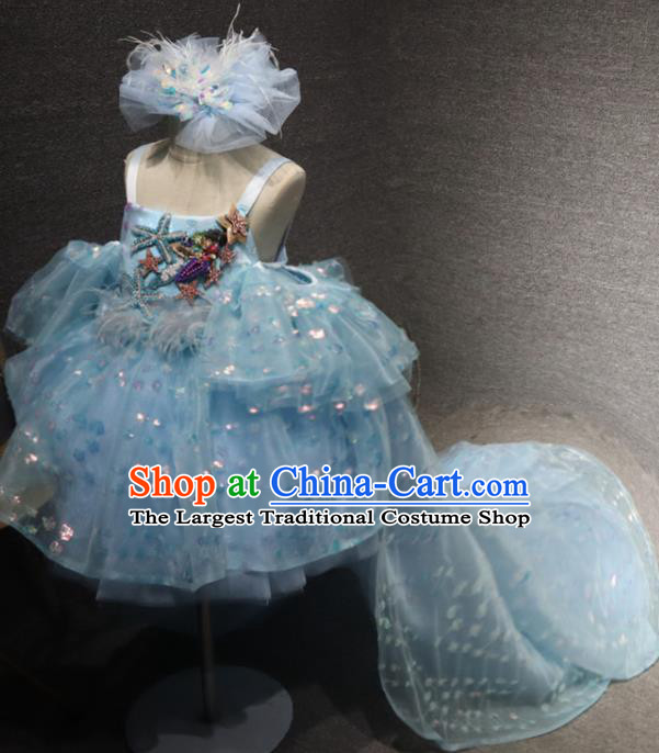 Top Children Stage Show Embroidered Starfish Clothing Girls Compere Formal Evening Wear Girl Catwalks Blue Bubble Dress