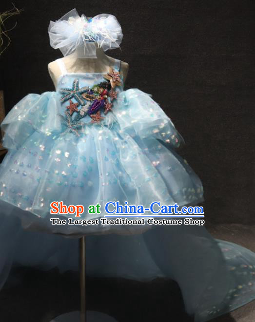 Top Children Stage Show Embroidered Starfish Clothing Girls Compere Formal Evening Wear Girl Catwalks Blue Bubble Dress