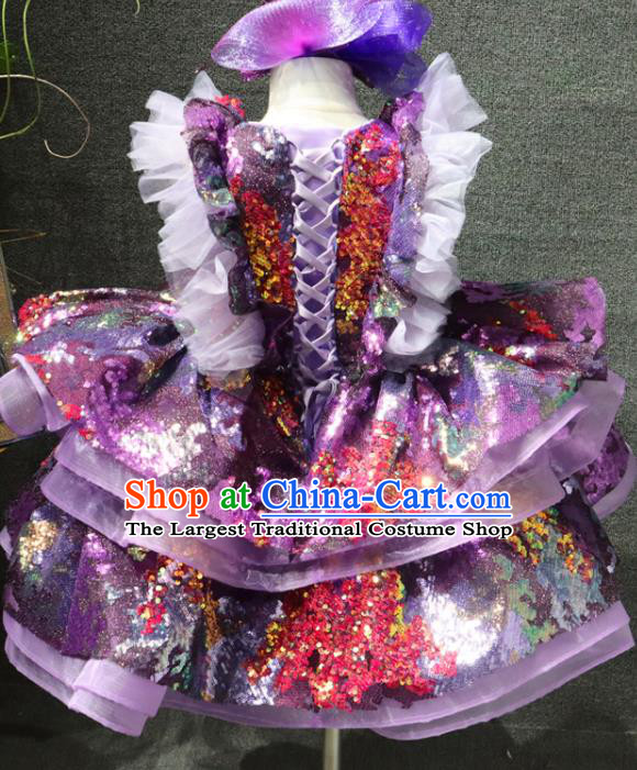 Top Girl Stage Show Garment Catwalks Princess Purple Sequins Dress Christmas Performance Formal Evening Wear Children Day Clothing