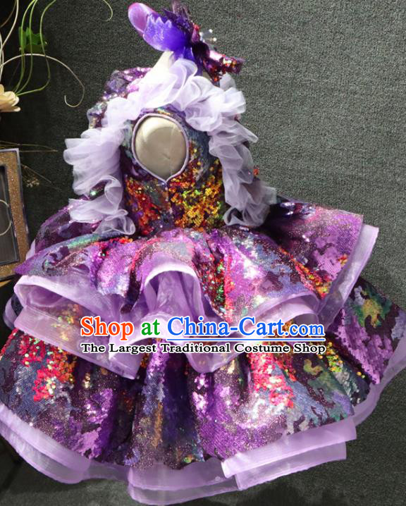 Top Girl Stage Show Garment Catwalks Princess Purple Sequins Dress Christmas Performance Formal Evening Wear Children Day Clothing