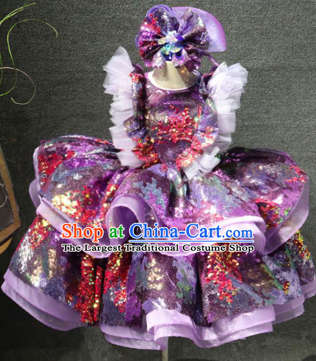 Top Girl Stage Show Garment Catwalks Princess Purple Sequins Dress Christmas Performance Formal Evening Wear Children Day Clothing