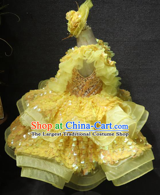 Top Christmas Formal Evening Wear Children Day Stage Show Clothing Girl Performance Garment Catwalks Flowers Princess Yellow Sequins Dress