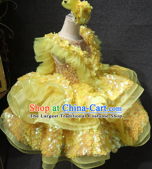 Top Christmas Formal Evening Wear Children Day Stage Show Clothing Girl Performance Garment Catwalks Flowers Princess Yellow Sequins Dress