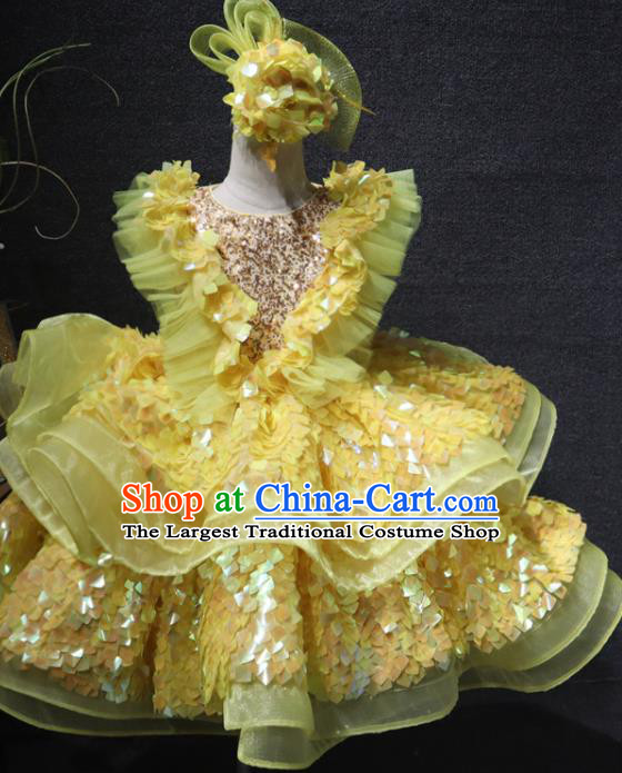 Top Christmas Formal Evening Wear Children Day Stage Show Clothing Girl Performance Garment Catwalks Flowers Princess Yellow Sequins Dress