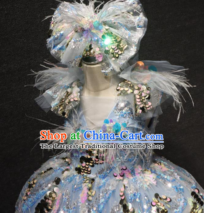 Top Girl Catwalks Embroidered Sequins Dress Children Princess Stage Show Feather Clothing Girls Compere Formal Evening Wear