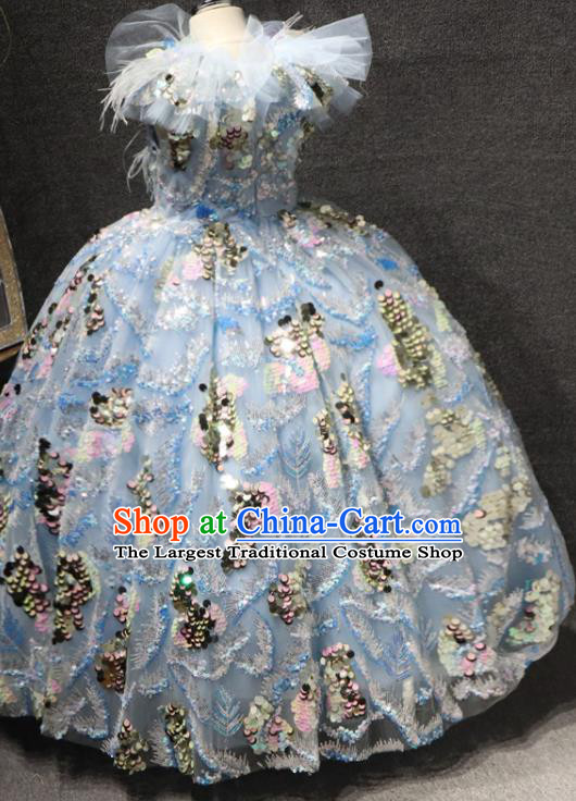 Top Girl Catwalks Embroidered Sequins Dress Children Princess Stage Show Feather Clothing Girls Compere Formal Evening Wear