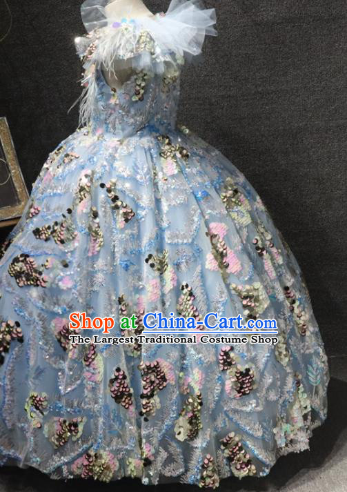 Top Girl Catwalks Embroidered Sequins Dress Children Princess Stage Show Feather Clothing Girls Compere Formal Evening Wear