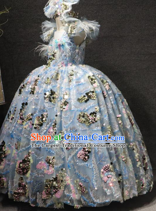 Top Girl Catwalks Embroidered Sequins Dress Children Princess Stage Show Feather Clothing Girls Compere Formal Evening Wear