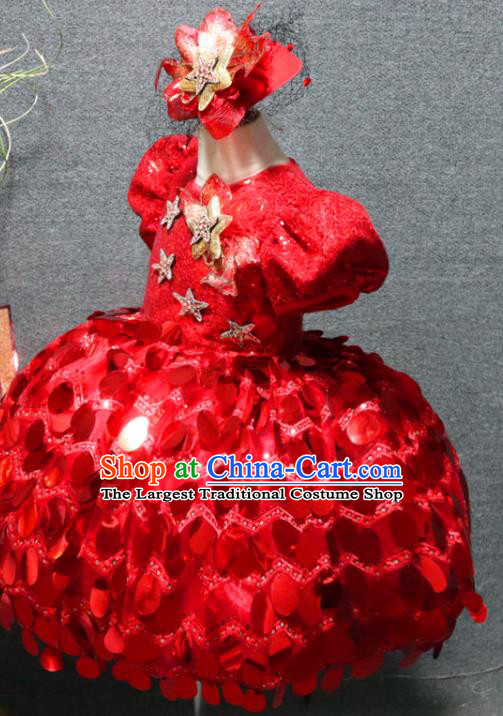 Top Children Princess Stage Show Clothing Chorus Performance Garment Girl Catwalks Red Bubble Dress Christmas Formal Evening Wear