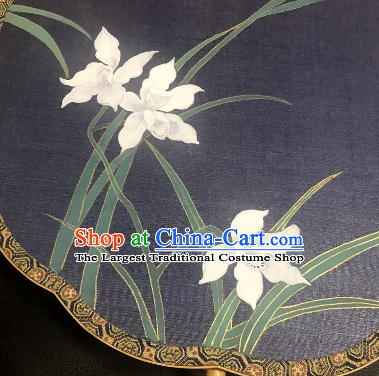 China Ancient Hanfu Fans Traditional Ming Dynasty Navy Silk Fan Vintage Palace Fan Handmade Painting Orchids Fan