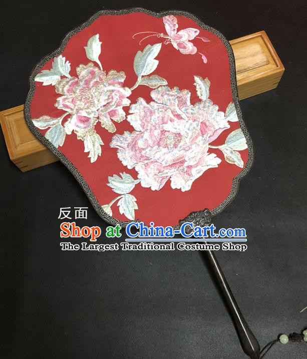 China Vintage Embroidered Peony Palace Fan Handmade Red Silk Fan Ancient Princess Fans Traditional Wedding Fan