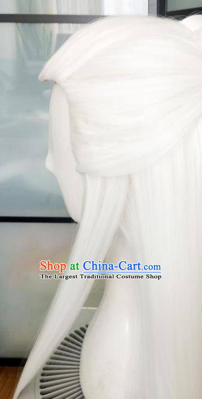 Handmade Chinese Cosplay God King White Wigs Ancient Swordsman Headwear Drama Eternal Love Immortal Emperor Donghua Chignon Headdress