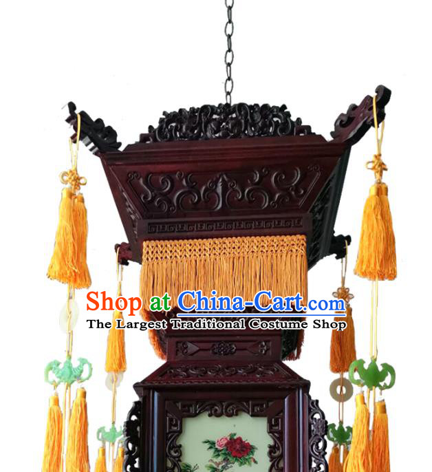 China Traditional Painting Roses Light Lamp Temple Hanging Lantern Classical Wood Carving Lanterns Handmade Palace Lantern
