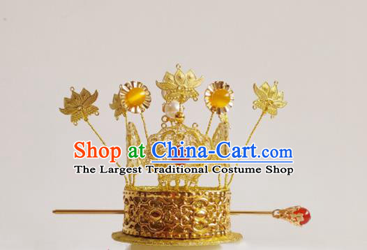 Handmade Chinese Ming Dynasty Prince Golden Hair Crown Ancient Royal Highness Headwear Drama Traditional Hanfu Emperor Headpieces