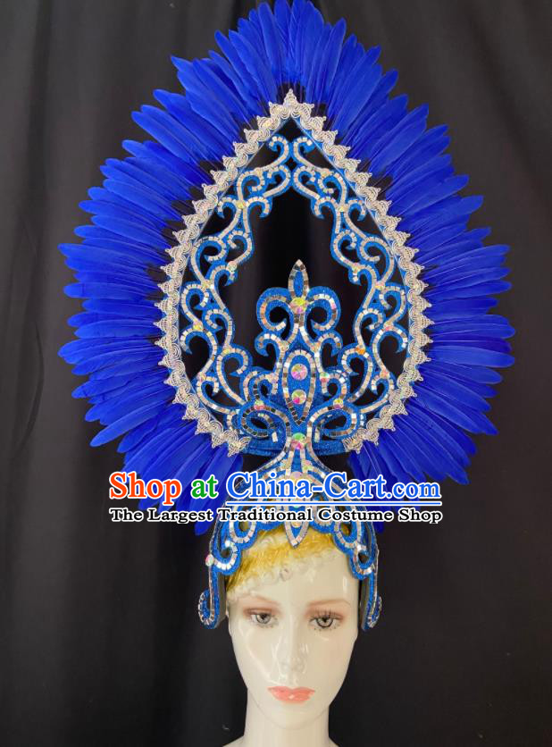 Handmade Deluxe Hair Accessories Halloween Royalblue Feather Royal Crown Brazil Parade Giant Headpiece Rio Carnival Headdress
