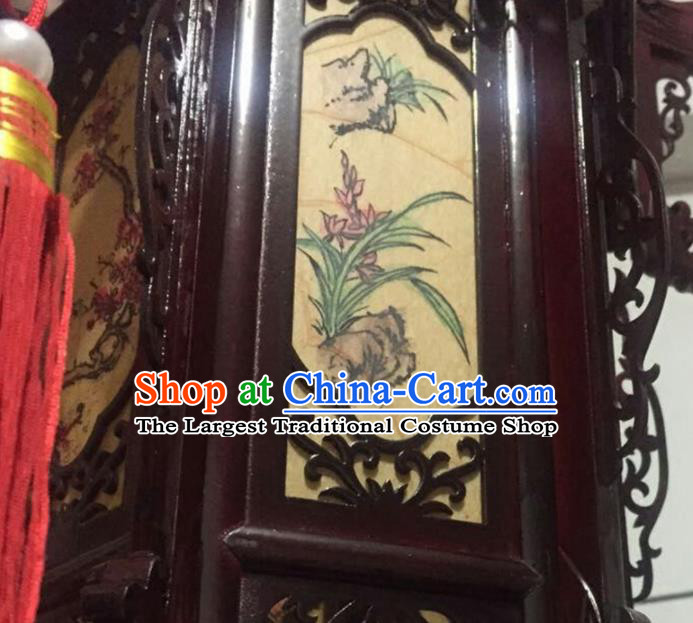 China Traditional Festival Light Lamp Handmade Wood Hanging Lantern Classical Hexagon Lanterns Vintage Painting Plum Orchids Bamboo Chrysanthemum Palace Lantern
