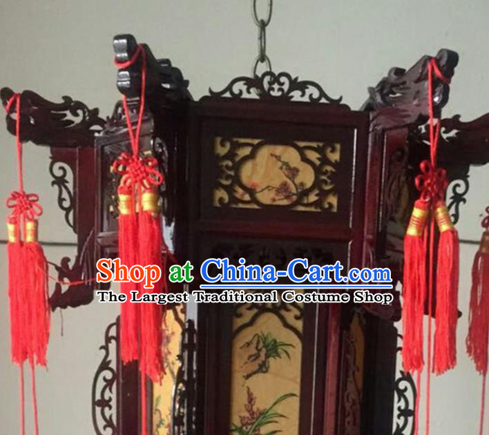 China Traditional Festival Light Lamp Handmade Wood Hanging Lantern Classical Hexagon Lanterns Vintage Painting Plum Orchids Bamboo Chrysanthemum Palace Lantern