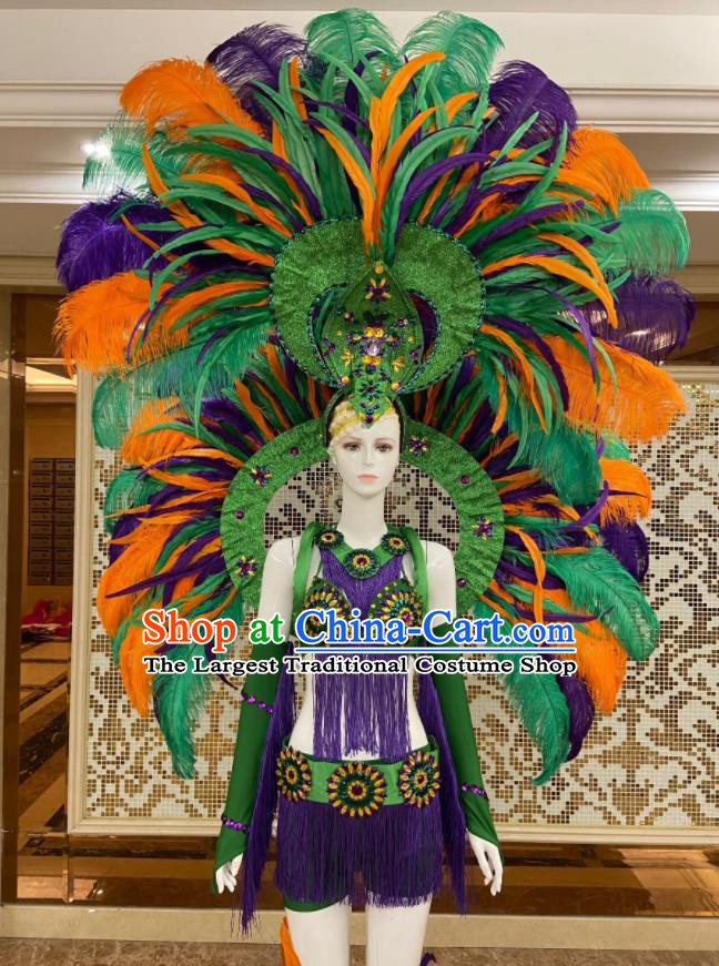 Brazilian Carnival Props Professional Samba Dance Clothing Miami Deluxe Green Feathers Wings and Headdress