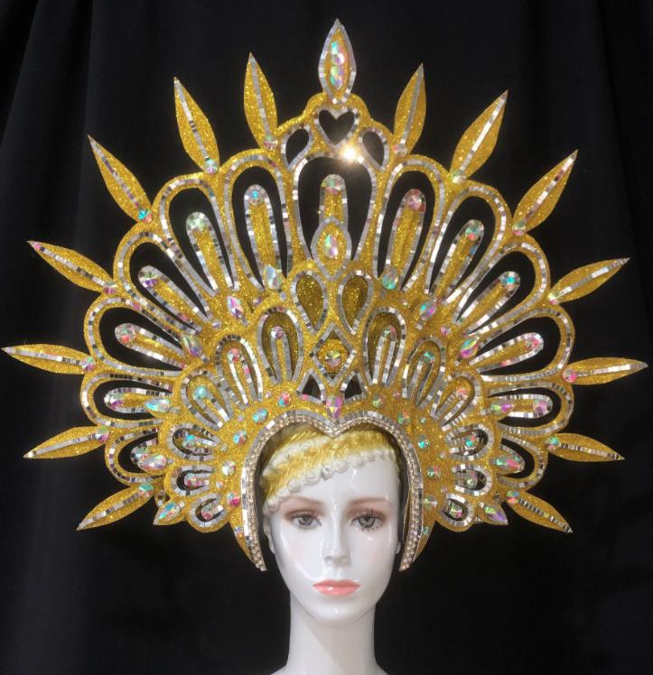 Handmade Samba Dance Hair Accessories Stage Show Golden Royal Crown Halloween Cosplay Deluxe Headwear Brazil Carnival Giant Hat