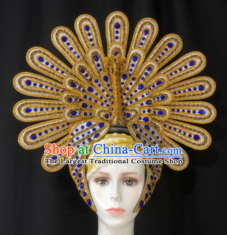 Handmade Samba Dance Golden Peacock Royal Crown Stage Show Hair Accessories Halloween Deluxe Headwear Brazil Carnival Giant Headpiece