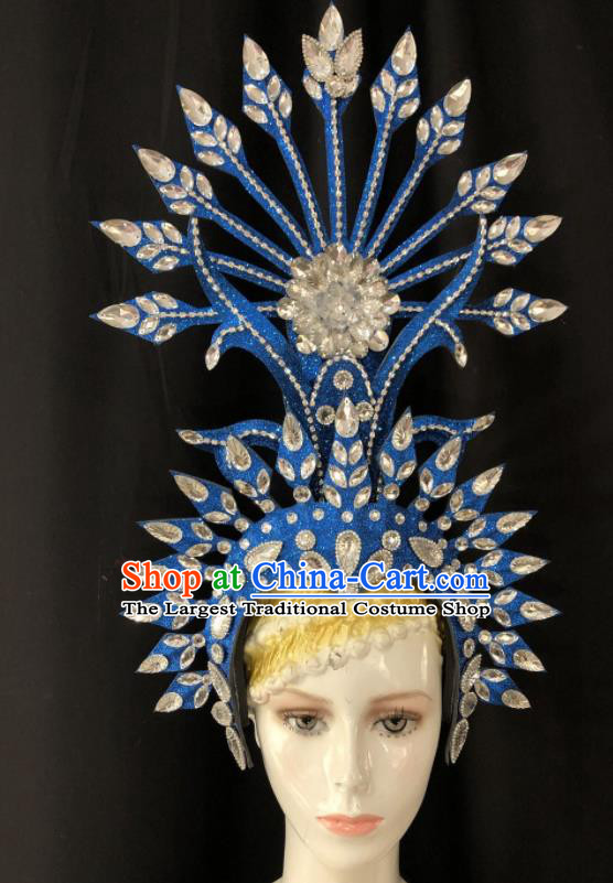 Handmade Halloween Deluxe Blue Hat Brazil Carnival Giant Headpiece Samba Dance Royal Crown Stage Show Hair Accessories