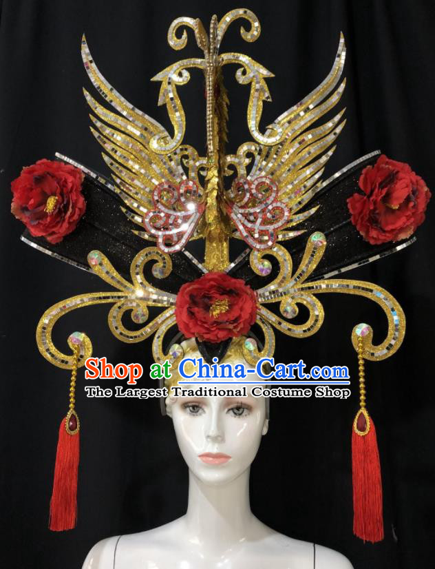 Handmade Cosplay Queen Giant Phoenix Coronet Brazil Carnival Deluxe Headpiece Samba Dance Golden Royal Crown Halloween Performance Hair Accessories