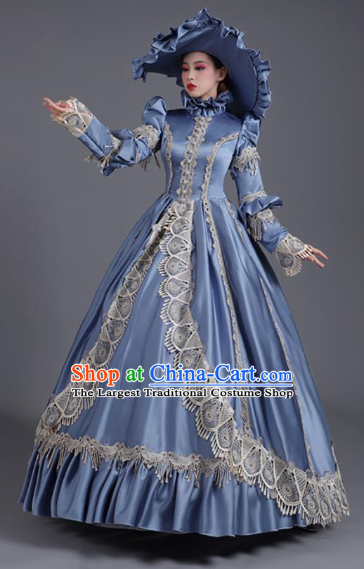 Custom European Countess Blue Full Dress Western Style Court Clothes Europe Vintage Garment Costume Stage Performance Fashion