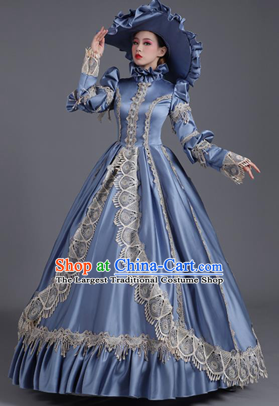 Custom European Countess Blue Full Dress Western Style Court Clothes Europe Vintage Garment Costume Stage Performance Fashion