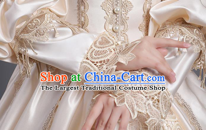 Custom European Stage Performance Fashion Countess Beige Full Dress Western Style Court Clothes Europe Vintage Garment Costume