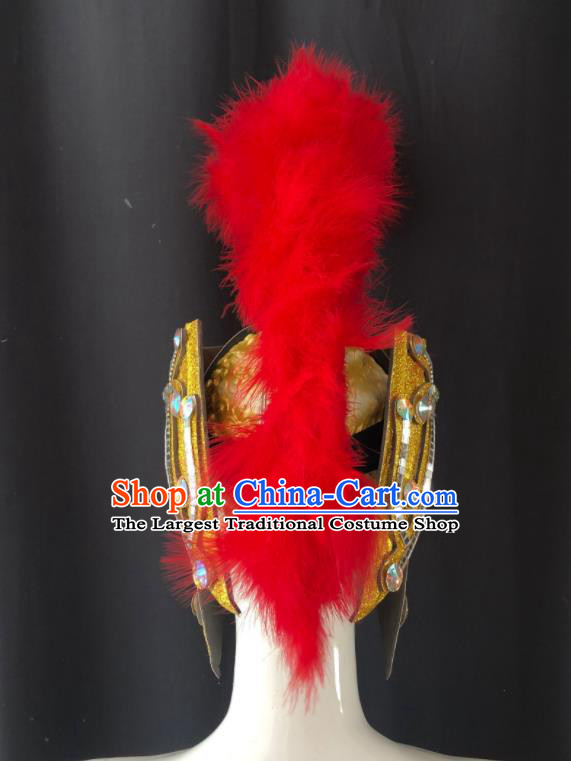 Professional Cosplay Warrior Red Feather Helmet Easter Hair Decorations Stage Performance Golden Hat Halloween Rome Knight Headdress