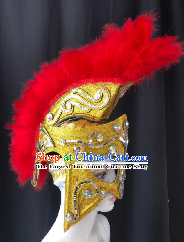 Professional Cosplay Warrior Red Feather Helmet Easter Hair Decorations Stage Performance Golden Hat Halloween Rome Knight Headdress