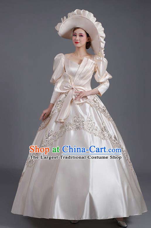 Custom Stage Performance Fashion European Noble Lady Champagne Satin Dress Western Medieval Age Court Clothing Europe Vintage Full Dress