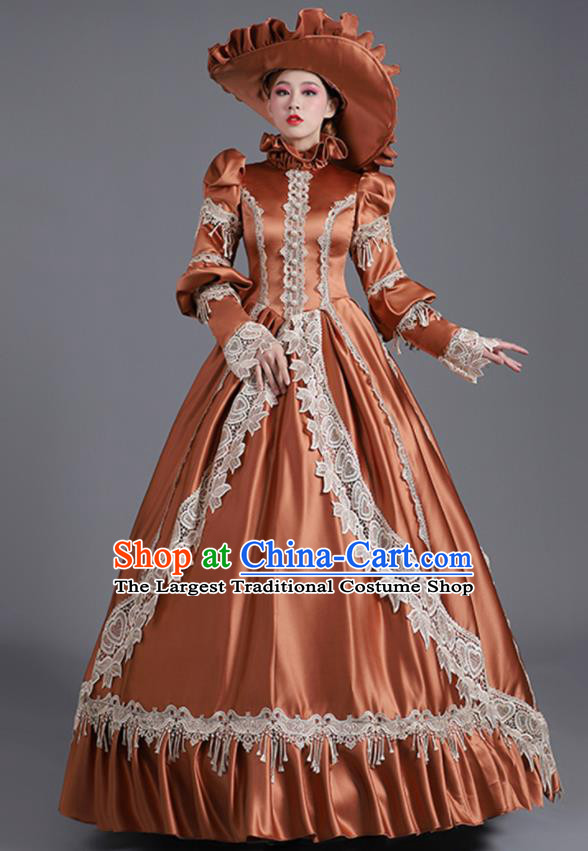 Custom Europe Vintage Full Dress Stage Performance Fashion European Noble Woman Brown Satin Dress Western Medieval Age Court Clothing