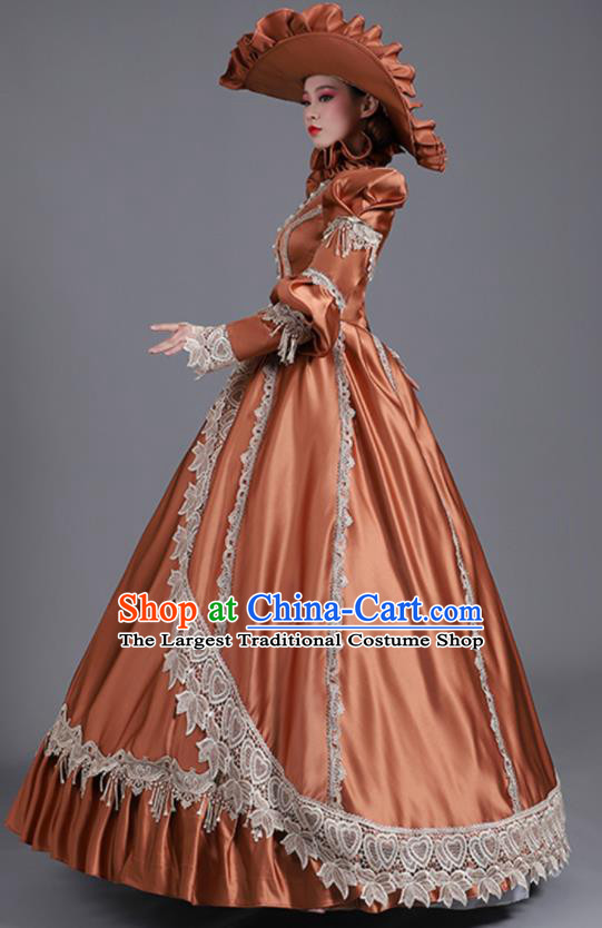 Custom Europe Vintage Full Dress Stage Performance Fashion European Noble Woman Brown Satin Dress Western Medieval Age Court Clothing