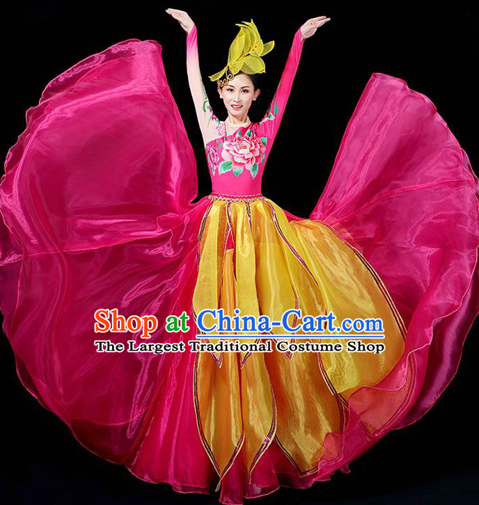 Professional China Spring Festival Gala Opening Dance Rosy Dress Woman Modern Dance Fashion Lotus Dance Garment Clothing