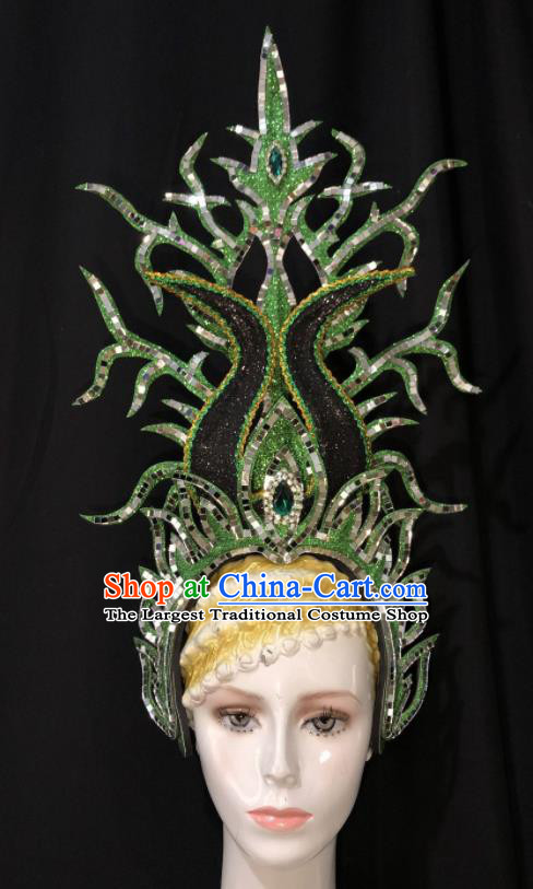Handmade Brazil Carnival Deluxe Headpiece Samba Dance Green Royal Crown Halloween Hair Accessories Cosplay Show Giant Hat