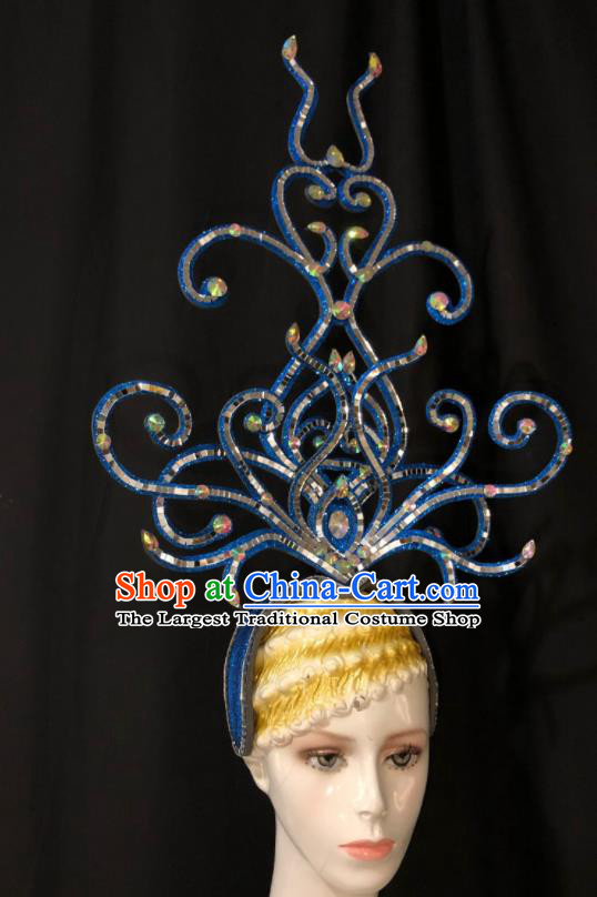 Handmade Cosplay Show Giant Hair Clasp Brazil Carnival Deluxe Headpiece Samba Dance Blue Royal Crown Halloween Hair Accessories