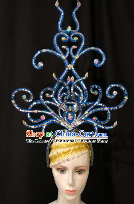 Handmade Cosplay Show Giant Hair Clasp Brazil Carnival Deluxe Headpiece Samba Dance Blue Royal Crown Halloween Hair Accessories