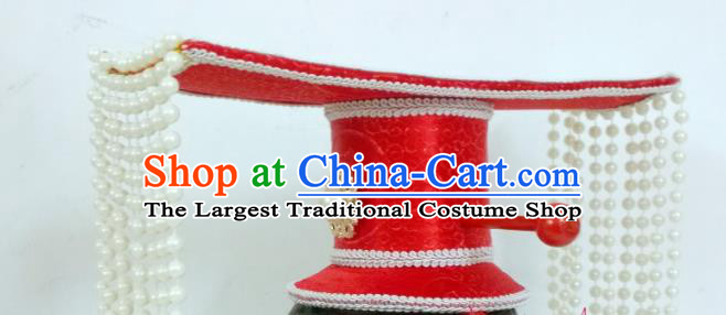China Ancient Queen Tassel Hair Crown Traditional Drama Palace Hair Accessories Tang Dynasty Empress Wu Zetian Red Hat Headdress