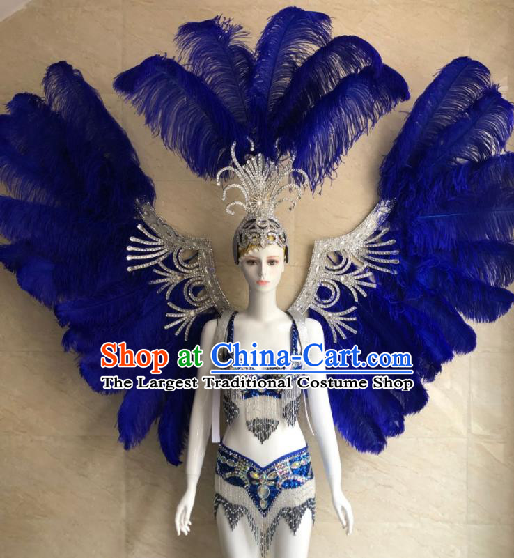 Custom Brazilian Carnival Costumes Professional Catwalks Clothing Woman Swimsuits Samba Dance Uniforms and Royalblue Feather Wings Headdress