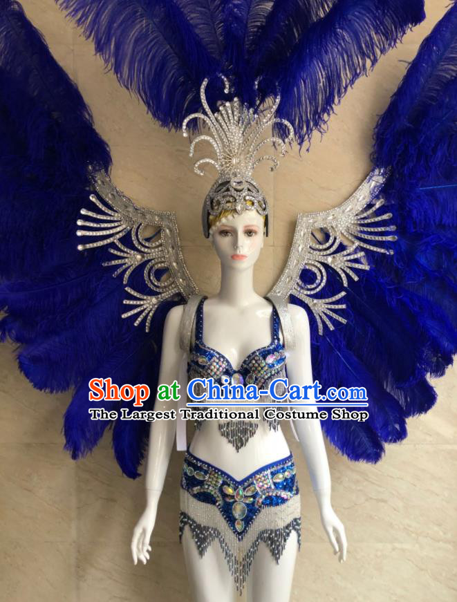 Custom Brazilian Carnival Costumes Professional Catwalks Clothing Woman Swimsuits Samba Dance Uniforms and Royalblue Feather Wings Headdress