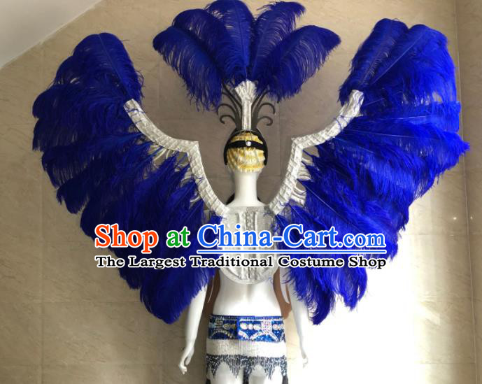 Custom Brazilian Carnival Costumes Professional Catwalks Clothing Woman Swimsuits Samba Dance Uniforms and Royalblue Feather Wings Headdress