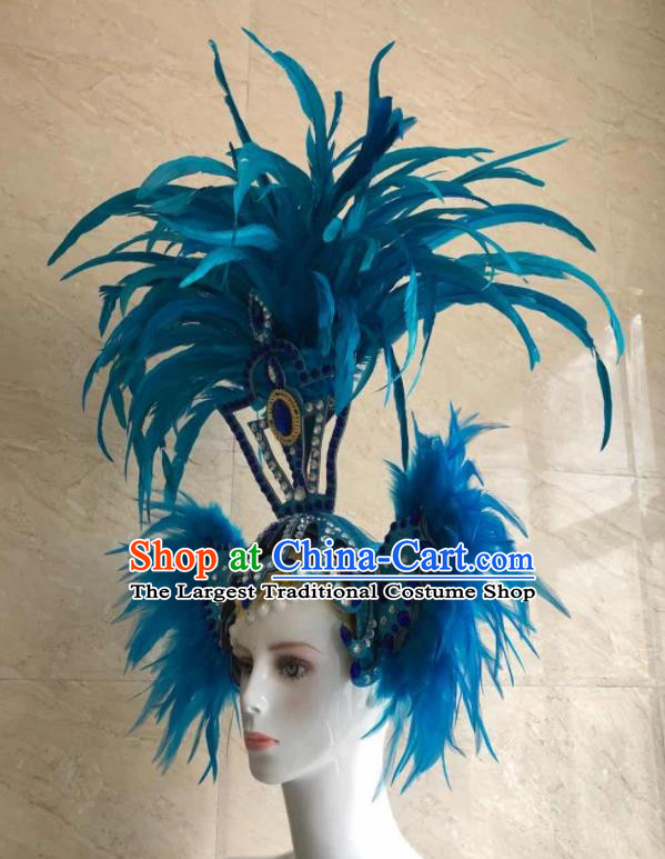 Handmade Halloween Cosplay Hair Accessories Samba Dance Headpiece Rio Carnival Blue Feather Headdress Stage Show Royal Crown