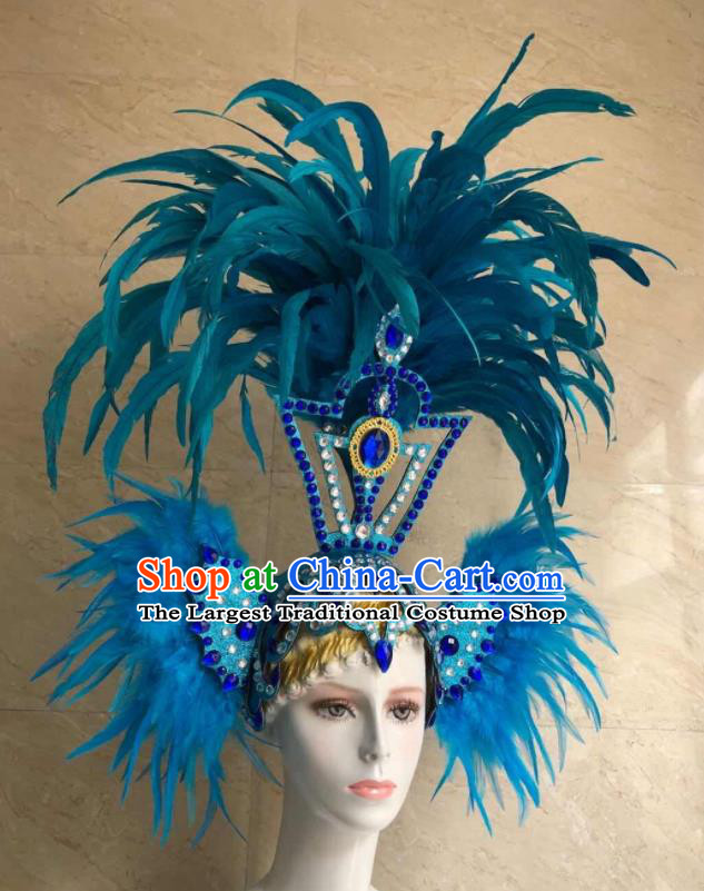 Handmade Halloween Cosplay Hair Accessories Samba Dance Headpiece Rio Carnival Blue Feather Headdress Stage Show Royal Crown