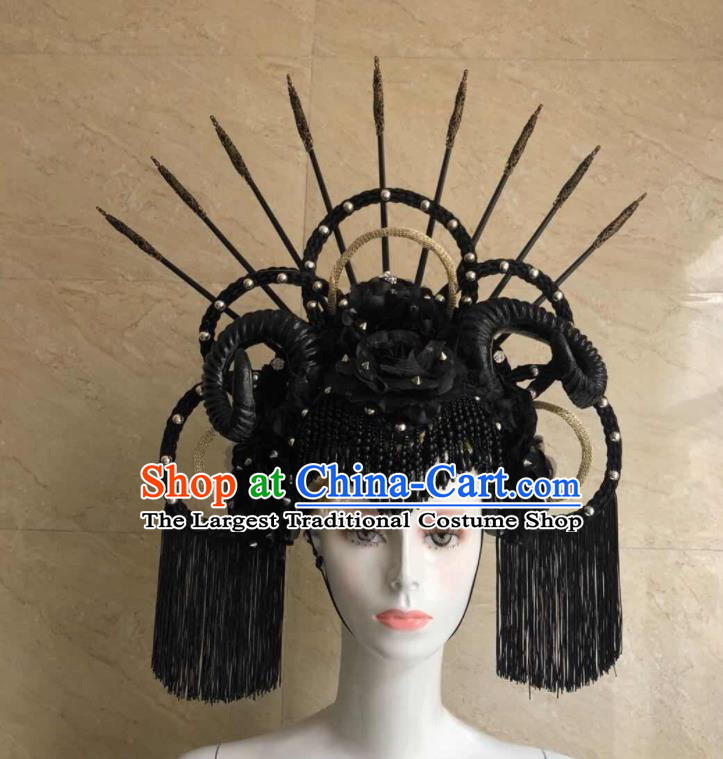 Handmade Rio Carnival Headdress Black Tassel Royal Crown Halloween Cosplay Hair Accessories Opening Dance Headpiece