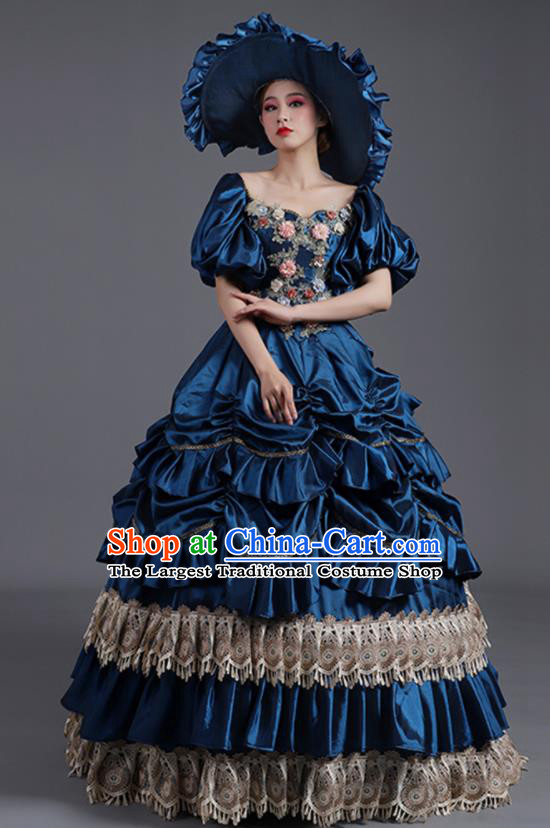 Custom Europe Vintage Garment Costume Drama Performance Fashion European Royal Princess Clothing Western Stage Deep Blue Full Dress