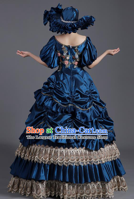 Custom Europe Vintage Garment Costume Drama Performance Fashion European Royal Princess Clothing Western Stage Deep Blue Full Dress