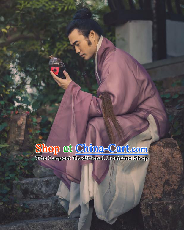 China Traditional Hanfu Cloak Garment Ancient Ming Dynasty Young Male Historical Clothing Purple Silk Mantle