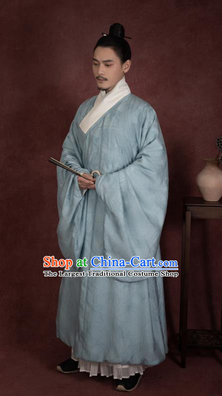 China Ancient Taoist Blue Hanfu Robe Traditional Ming Dynasty Male Scholar Historical Clothing